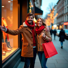 Christmas, New Year shopping in red paper bags of a young couple