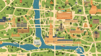 Obraz premium Colorful Map of a Historic City with Landmarks