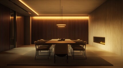A modern minimalist dining room with elegant furniture, subtle lighting, and refined textures, evoking luxury and sophistication