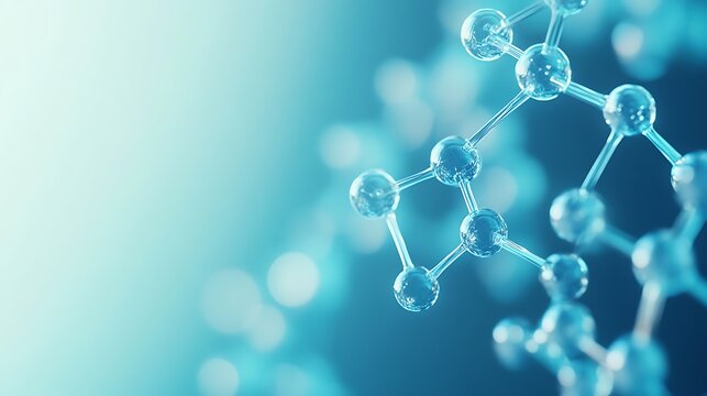 A close-up view of a molecular structure with glowing interconnected spheres representing atoms, set against a sleek, blurred blue gradient background.