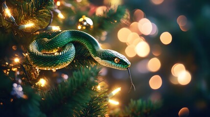 Fototapeta premium Green snake coiled around Christmas tree branch with lights. Celebrating 2025