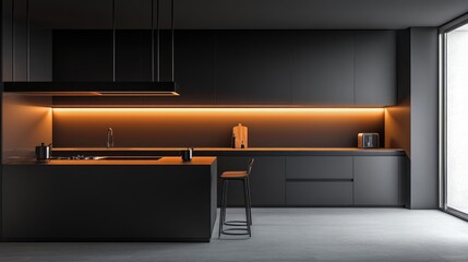 A stunning minimalist kitchen with clean lines, stainless steel accents, and soft lighting, creating a refined, high-end look