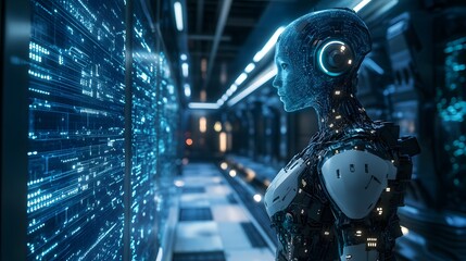 A futuristic AI-generated portrait of a person with robotic arms and glowing circuitry, standing in a high-tech facility.