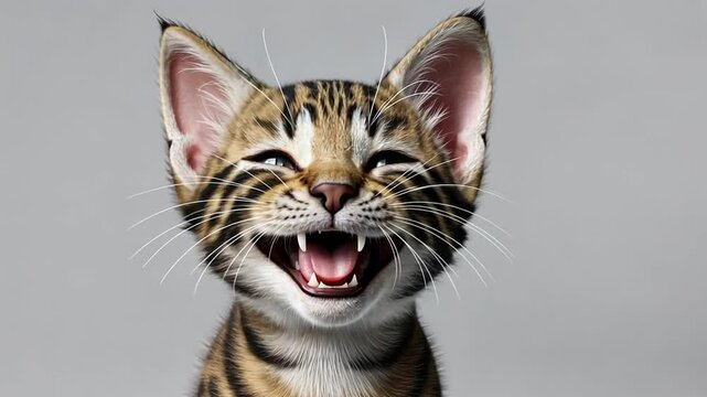 A young tabby kitten, brown, black, and tan with a pattern on its forehead. Eyes closed, mouth open, ears large and upright, whiskers long and white