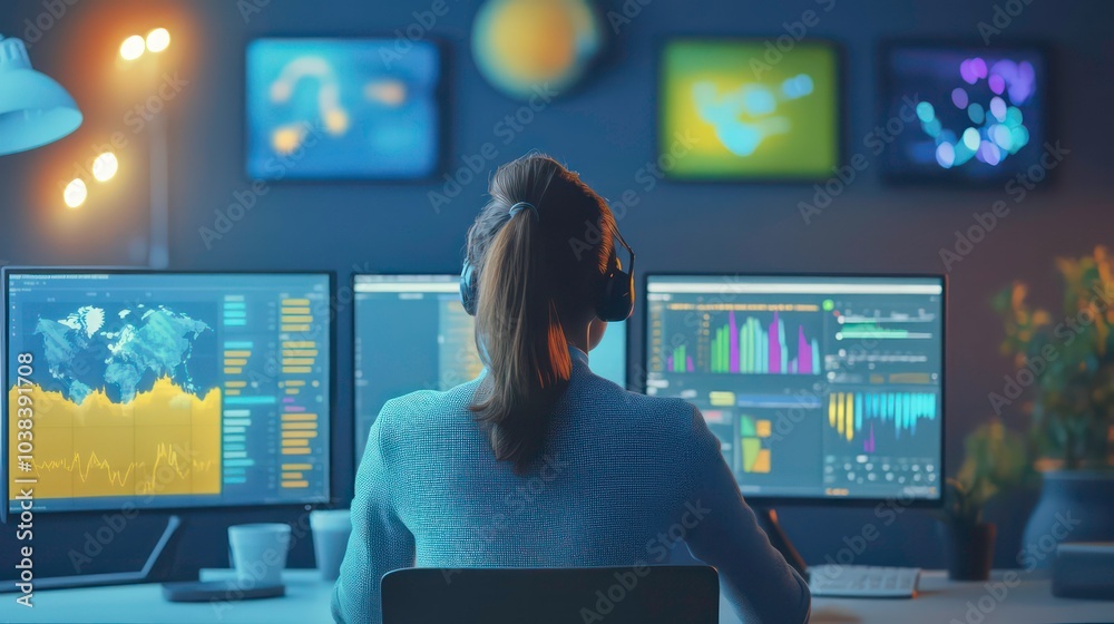 Poster a woman in a blue sweater sits in front of multiple computer monitors with data visualizations on th