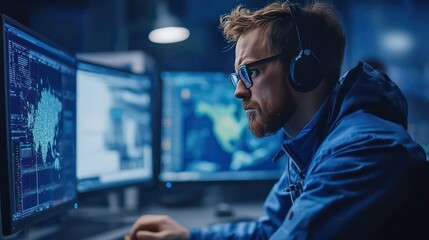 A young man with headphones and glasses sits at a desk in a dark room looking at a computer screen with a map of Asia.