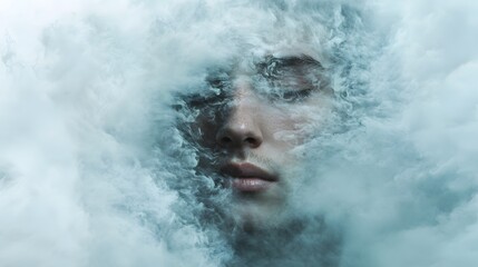 A dreamlike AI-generated portrait of a person with their face dissolving into mist, set in an ethereal foggy landscape.