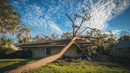 a fallen tree rests precariously on a house roof, symbolizing the aftermath of a hurricane, evoking a sense of tension and the need for property insurance