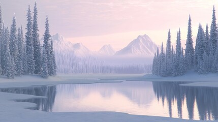 Obraz premium Tranquil Ice Age Landscape with Snowy Lake, Dawn Light, and Mountain Peaks - Ultra-Detailed Nature Scene