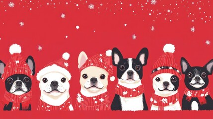 Six French Bulldogs wearing red Santa hats and scarves on a red background with white snowflakes.
