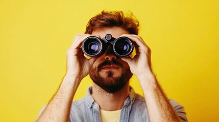 A young man with a beard looks through binoculars against a yellow background.