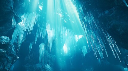 Mystical Ice Cave Wonderland - Mesmerizing Glacial Formations Illuminated by Sunbeams in a Frozen Time Capsule