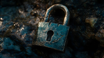 Rusty padlock on a rock.