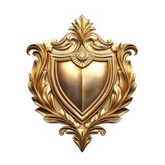 Fototapeta premium Golden ornate shield emblem with intricate baroque patterns on white background