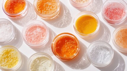 Petri dishes with cosmetic on white background Top view flat lay Concept skincare Dermatology science cosmetic laboratory Natural medicine cosmetic research organic skin care products : Generative AI