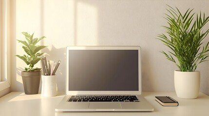 Minimalist Workspace with Laptop and Pen on Beige Surface