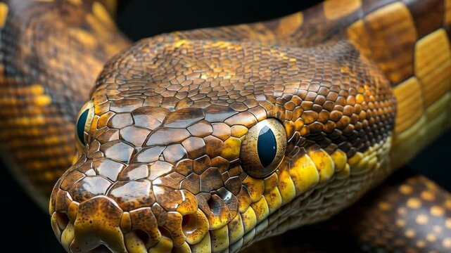 A close-up of a python's head with a blue eye