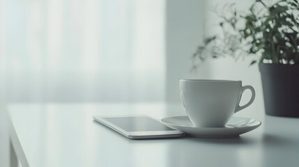 Fototapeta premium Clean Minimalist Workspace with Tablet and Coffee Cup on White Desk