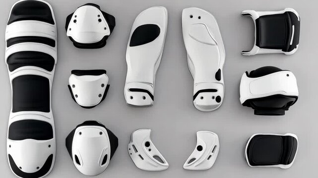 A set of white and black protective gear for a sport, laid out on a gray surface