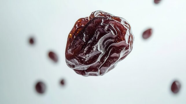 a single raisin gracefully falling against a pristine white background, emphasizing its rich texture and color, creating a striking visual contrast and simplicity