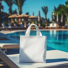 Naklejka premium Empty white blank tote bag with free copy space by the pool