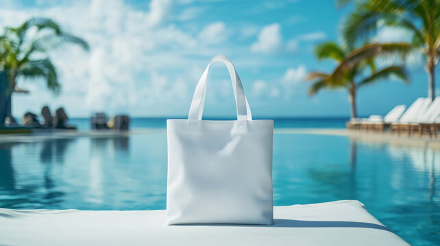 Empty white blank tote bag with free copy space by the pool