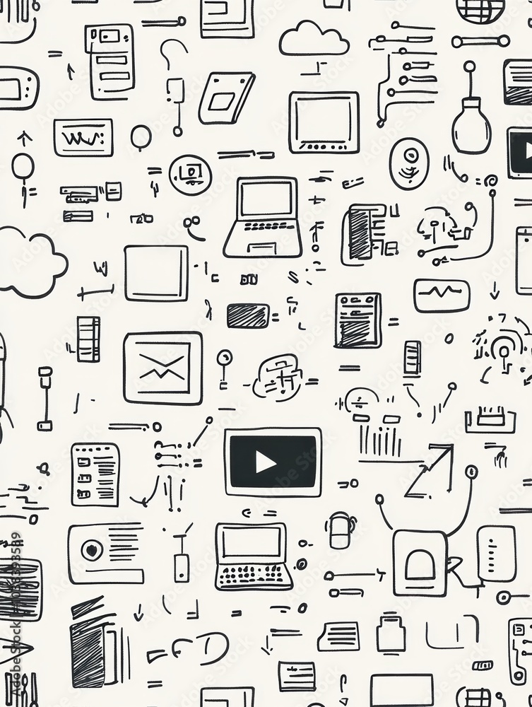 Fototapete a collection of hand-drawn doodles illustrates technology items like computers, smartphones, and cod