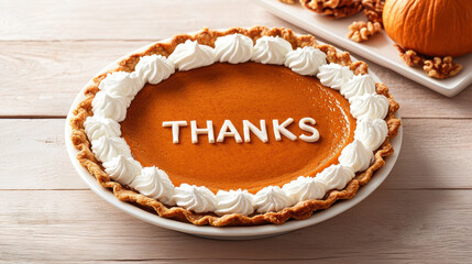 A pumpkin pie decorated with whipped cream spells out "THANKS," surrounded by nuts and a small pumpkin.