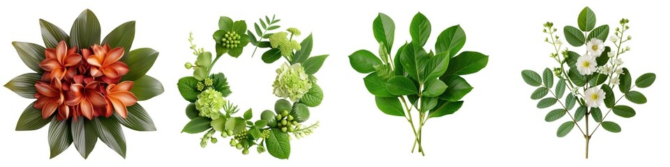 Fototapeta premium Colorful assortment of decorative leaves and floral arrangements on a white background.