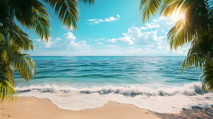 Tropical Beach with Palm Trees and Blue Ocean.