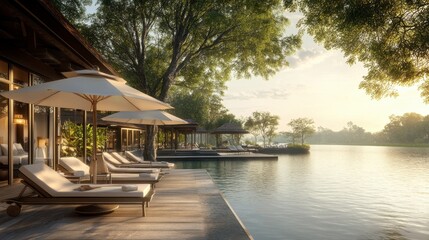 Fototapeta premium Serene Lakeside Relaxation at Luxury Resort