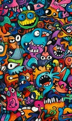 Fototapeta premium Abstract colorful doodle pattern with faces.