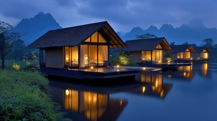 Fototapeta premium Serene Night at Floating Houses by Calm Water