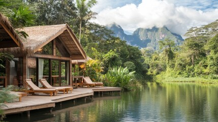 Naklejka premium Serene Lakeside Retreat Amidst Lush Greenery