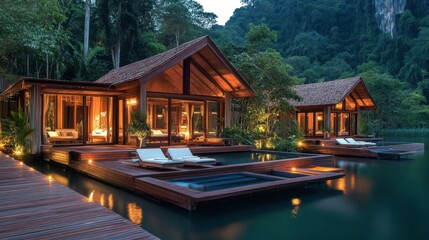 Serene Lakeside Retreat with Modern Wooden Cabins