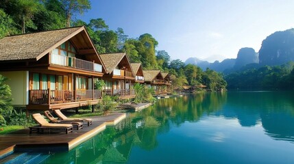 Obraz premium Serene Lakeside Retreat with Wooden Villas