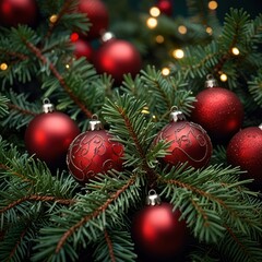 Fototapeta premium Close-up of red Christmas ornaments and pine branches with lights in the background.