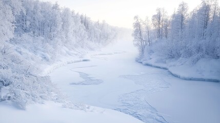 Fototapeta premium Serene Frozen River in Snow-Covered Valley with Frosty Trees and Misty Ambiance