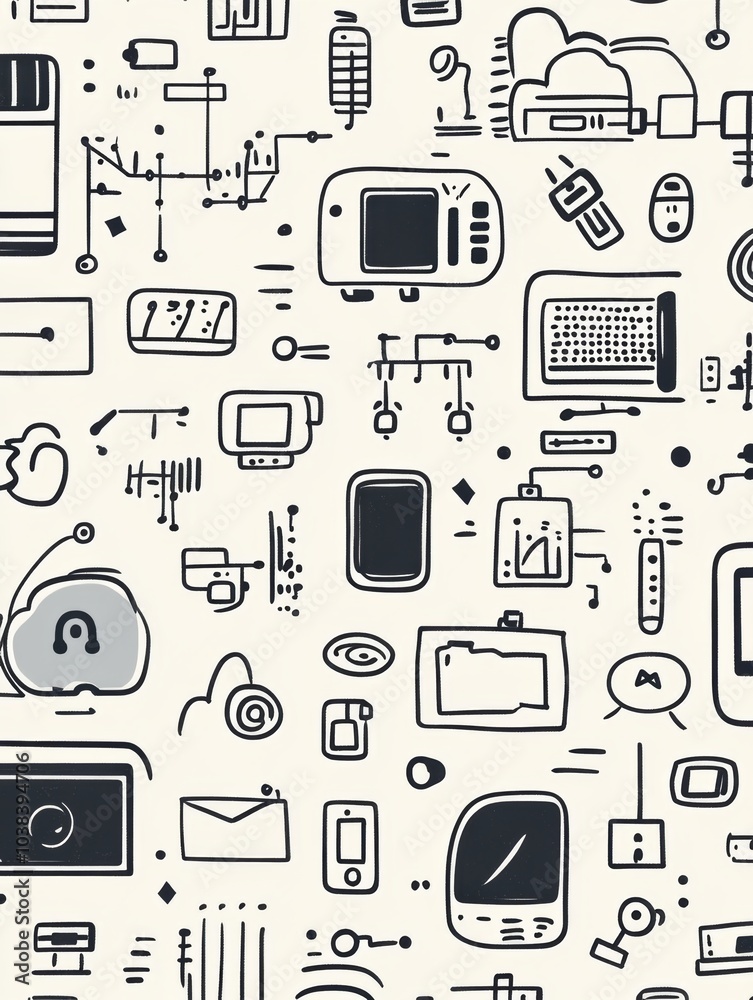 Aufkleber hand-drawn doodles feature various technology items, including computers, smartphones, and cloud sto