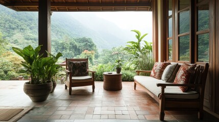 Naklejka premium Tranquil Mountain Retreat with Cozy Seating Area