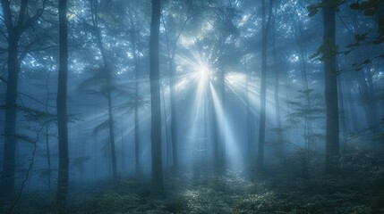 Fototapeta premium Foggy forest with shafts of light piercing through the trees, creating a dramatic and mystical atmosphere