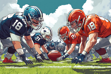 Two football teams prepare to compete on a grassy field, emphasizing teamwork and competition.