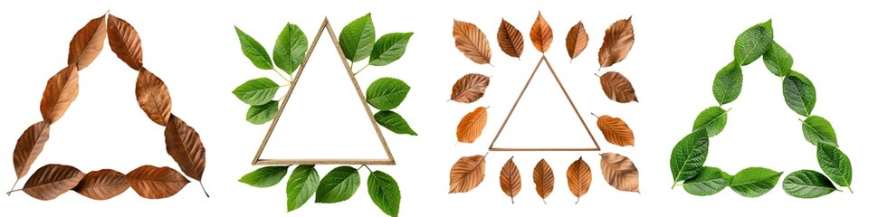 Obraz premium Creative arrangement of green and brown leaves creating decorative triangles on a white background.