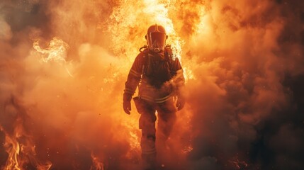 Fototapeta premium Firefighter emerging from smoke and flames, with dramatic lighting highlighting the intensity