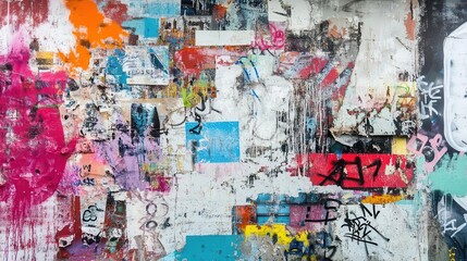 an abstract graffiti scene on the wall of an abandoned factory, filled with colorful tags and designs, reflecting urban artistry and the beauty of decay
