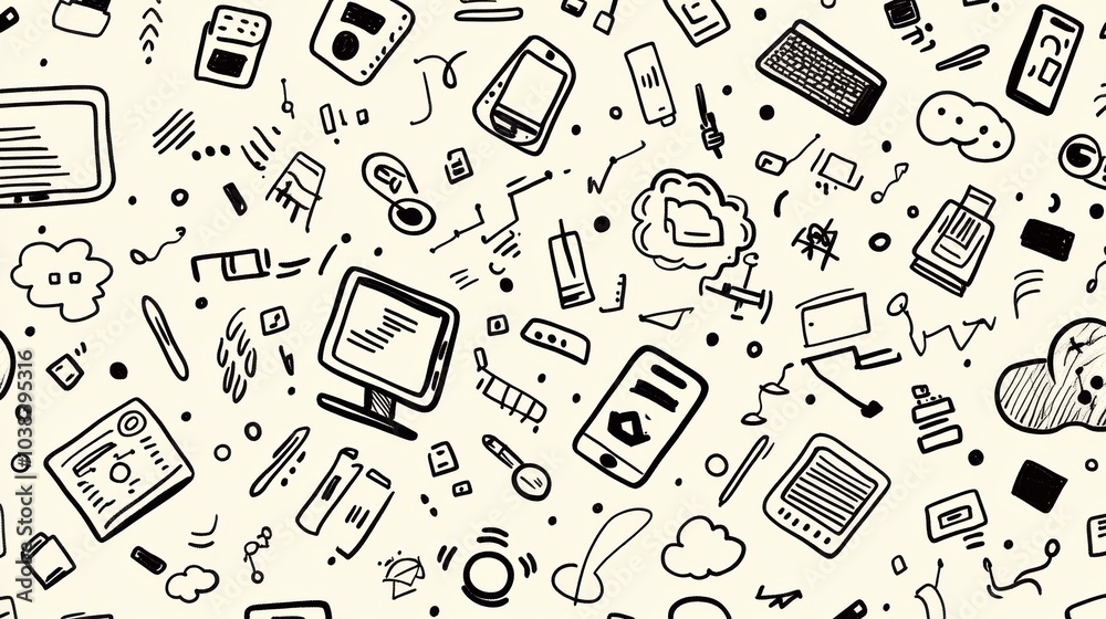 Poster A collection of whimsical doodles illustrating various technology items, including computers, smartphones, and coding symbols. Generative AI