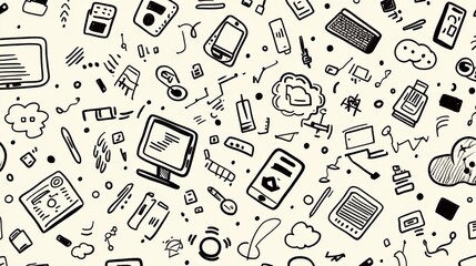 A collection of whimsical doodles illustrating various technology items, including computers, smartphones, and coding symbols. Generative AI