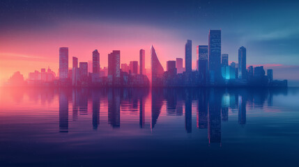 Obraz premium Silhouette of a futuristic city on the water, with a skyline reflecting in the calm water below. v2