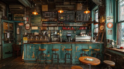 A vintage coffee shop with retro decor and old-fashioned menu boards