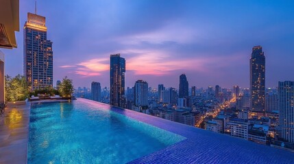Obraz premium Stunning Rooftop Pool with City Skyline View at Sunset